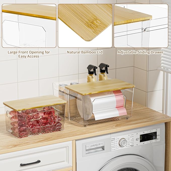 spospo Trash Bag Holder 2-in-1 Under Sink Organizer with Bamboo Lid | Acrylic Trash Bag Dispenser with Pull-Out Basket for Cleaning Supplies, Garbage Bag Holder for Kitchen Laundry Room Storage - Image 3