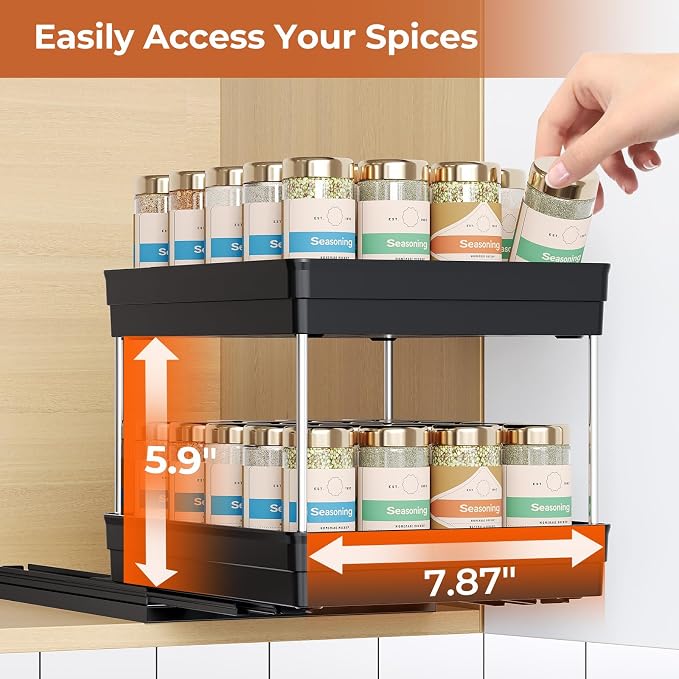 Mystozer Pull Out Spice Rack Organizer for Cabinet, Slide Out Spice Racks Organizer, Easy to Install Spice Cabinet Organizers, 8.26''Wx10.6''Dx8.7''H, 1 Pack-2 Tier(Black) - Image 6