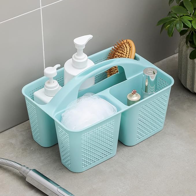 Plastic Portable Shower Caddy Basket with Handle, 3 Compartments, Blue | Storage Organizer with Drain Holes, Sturdy and Durable For Bathroom, Kitchen, College Dorm, Sink, Camping - Image 2
