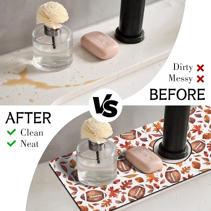 Fall Kitchen Sink Splash Guard Faucet Mat,Football Maple Leaf Autumn Thanksgiving Faucet Non-Slip Absorbent Mat,Farmhouse Sink Splash Guard Behind Faucet for Kitchen Bathroom, 15"x5.5" - Image 3