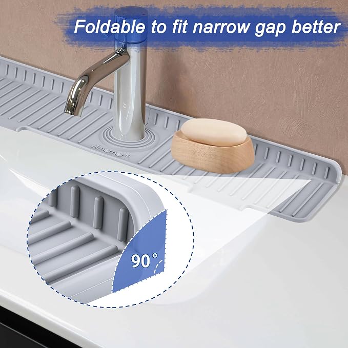 Amerner 20 inch Kitchen Sink Splash Guard, 10° Large Slope & Adaptable Hole Faucet Mat for Kitchen Sink, Silicone Sink Organizer Sponge Holder for Kitchen, Bathroom, RV, Bar, 20” x 5.5”, Gray - Image 4
