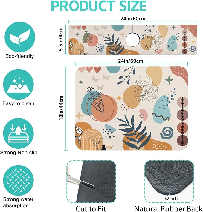 Dish Drying Mat for Kitchen Counter Matt, 2PCS 24"x18" Dish Drainer Mat & 24"x5.5" Sink Splash Guard, Super Absorbent Non-slip Rubber Backed - Image 2