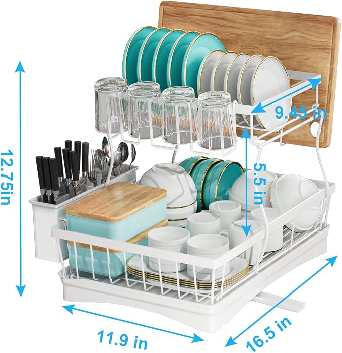 7 code 2-Tier Large Dish Drying Rack for Kitchen Counter, White | Detachable Large Capacity Dish Drainer Organizer with Auto Drain, Anti-Rust Dish Rack with Cup & Utensil Holders - Image 3
