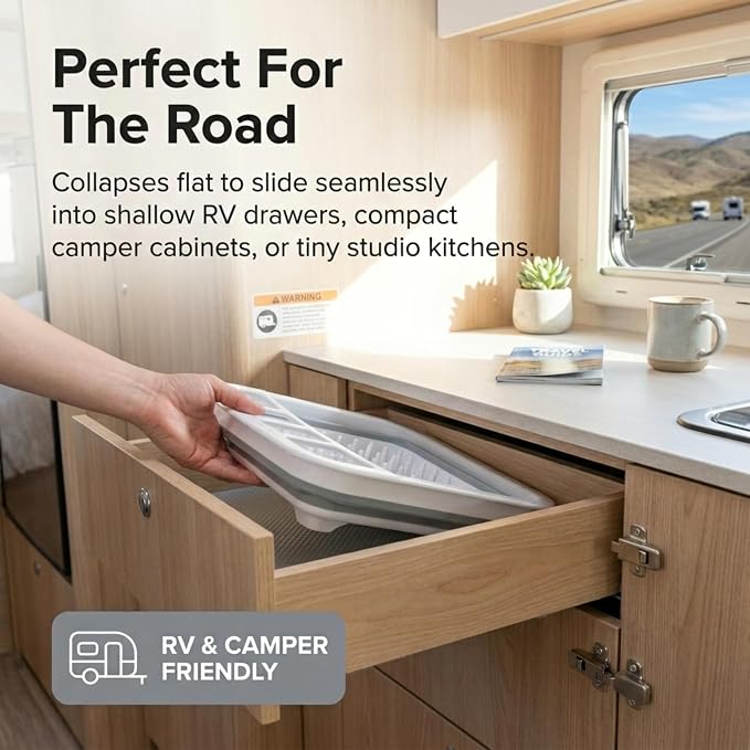 American Dream Collapsible Dish Drying Rack, BPA Free, Grey Foldable Kitchen Dish Drainer with Drain System, Space-Saving Organizer for Plates, Cups & Utensils - Image 7