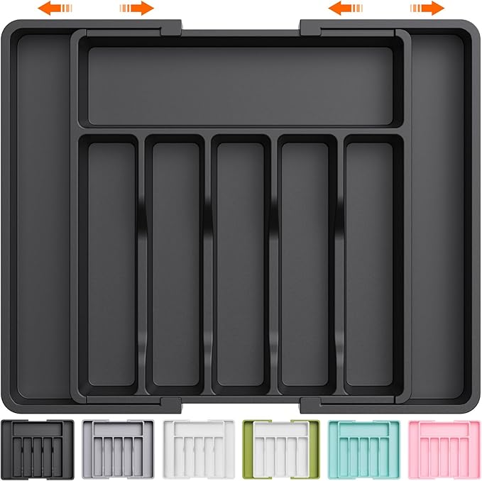 Lifewit Extra Large Silverware Drawer Organizer, Expandable Utensil Tray | BPA Free Flatware Cutlery Holder for Kitchen, Adjustable Plastic Storage for Spoons Forks Knives, 13-22 x15, Black by Lifewit