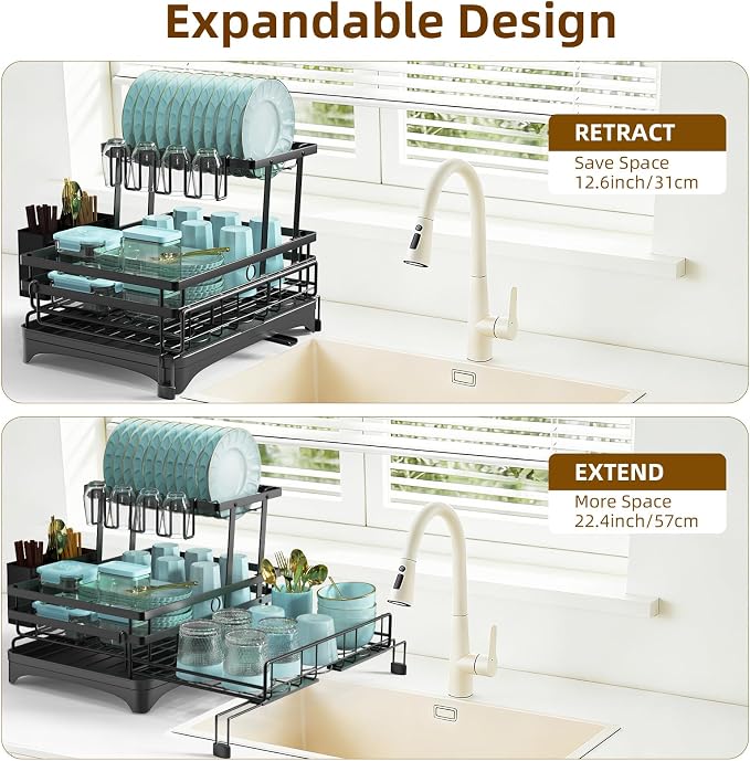 AULEEP 2-Tier Foldable Dish Drying Rack for Kitchen Counter Over the Sink | Expandable Anti-Rust Large Drainers 2-in-1 Pull Out Design with Drying Mat, Cups & Kitchen Utensil Holder - Image 2