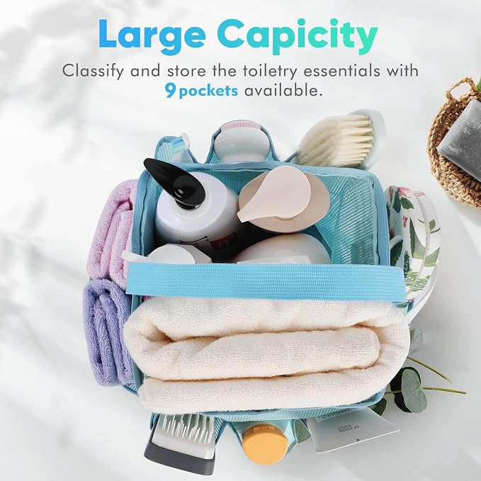 EUDELE 2 Pack Mesh Shower Caddy Portable for College Dorm Room Essentials, Shower Caddy Dorm with 9-Pocket Large Capacity,Shower Bag for Beach,Swimming,Gym All Black+All Ice Blue - Image 4