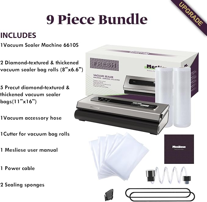 Mesliese 6in1 Vacuum Sealer, Dry/Moist Modes, 2 Bag Rolls & 5 Pre-cut Bags | Silver, 90kPa Compact Vacuum Food Sealing System, Stainless Steel Panel, Smart Suction, External Vacuum for Jars, Cutter, ETL - Image 5