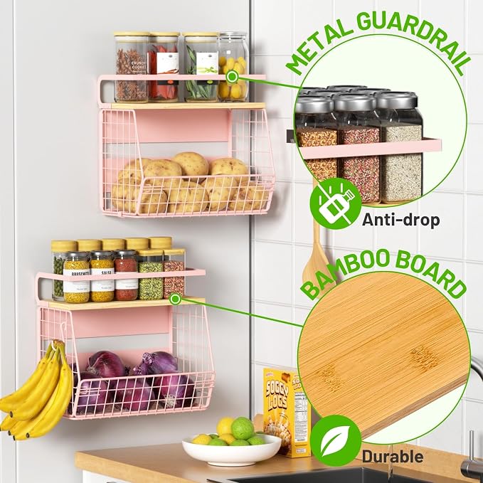 Magnetic Shelf for Fridge with Wood Lid, Fruit Potato and Onion Storage Bins, Pantry Organizers & Storage, Large Container Magnetic Spice Rack for Refrigerator, Kitchen Counter, Cabinet (Pink, 2) - Image 2