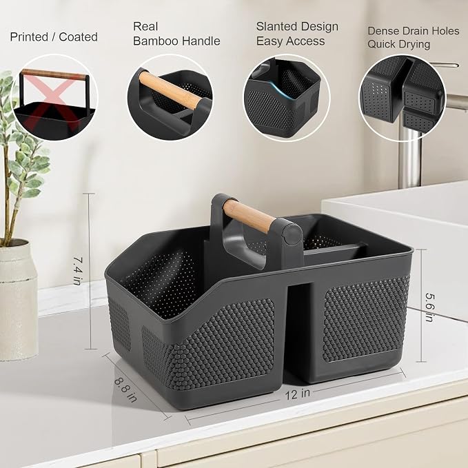 Plastic Shower Caddy Portable Shower Basket with Bamboo Handle, Dark Gray | Cleaning Caddy Organizer Storage Tote for Bathroom, College Dorm Essentials, Bath Toy Storage - Image 2