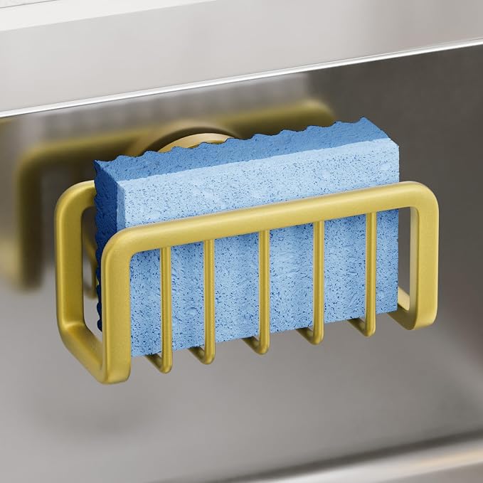 TAILI Gold Sponge Holder for Kitchen Sink with Strong Suction Cup | Removable Sink Caddy for Kitchen Sink Oganizer, Rustproof Aluminum Sink Sponge Holder for Scraper Brushes, Stoppers by TAILI
