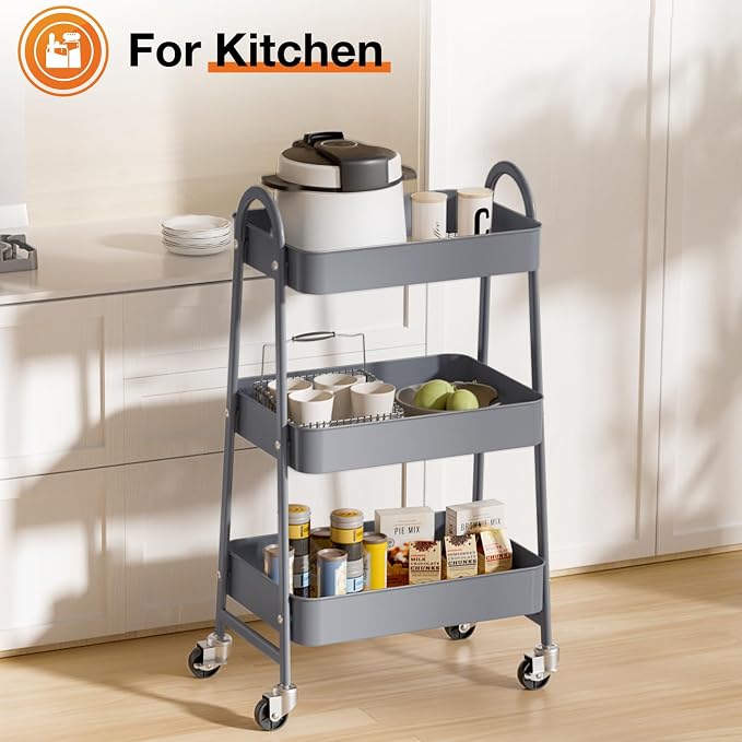 NEWBULIG 3-Tier Metal Rolling Storage Utility Cart with Lockable Wheels | Mobile Organizer Shelf, Space-Saving, Freestanding, Bathroom, Living Room, Slim, Narrow Corner Spaces, Grey - Image 6