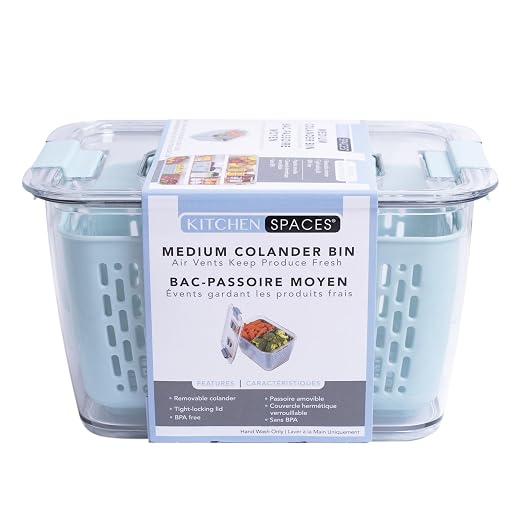 Kitchen Spaces Colander Bin, Produce Saver, Fridge Organizer With Lid, Wash, Strain and Store, Great for Refrigerator, Freezer and Pantry, Medium, Blue, Pack of 1 by KitchenSpaces
