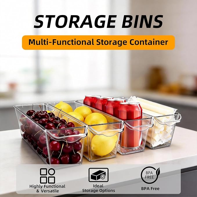 4 Pack Slim Fridge Organizer Bins, BPA Free Clear Refrigerator Storage Containers, Clear Pantry Organization & Cabinet Bins with Handles, Narrow Freezer Bin for Kitchen, Mini Fridge - Image 2