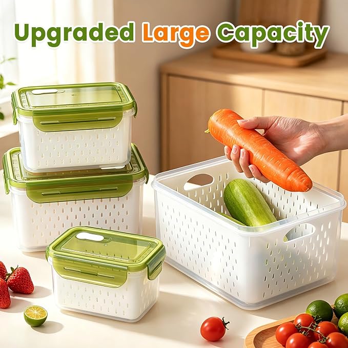 TBMax 8 Pieces Airtight Fruit Storage Containers for Fridge with Air Circulation Vent, 4 Pack Produce Saver with Colander for Berry Lettuce Salad Vegetable Storage, Refrigerator Organizers- Green - Image 4