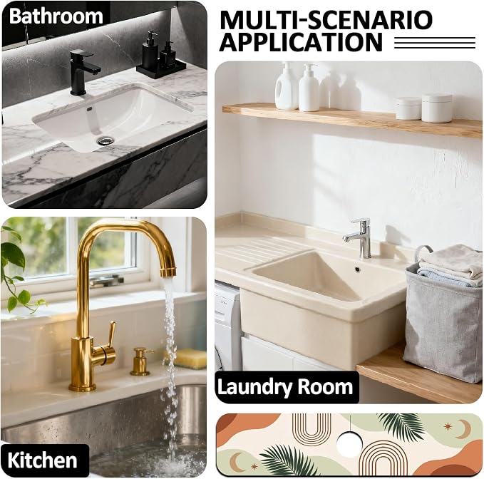 2 Pcs Plant Kitchen Sink Splash Guard Faucet Mat Bohemian Tropical Leaves Faucet Mat for Sinks Absorbing Drying Mats for Kitchen Bathroom, 23.6x5.5inch - Image 7