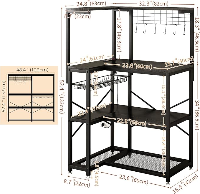 4-Tier L-Shaped Baker's Rack with Power Outlet,Corner Coffee Bar,Black | Kitchen Appliance Storage, Pull Out Basket, 6 Hooks and Flexible Installation Options for Kitchen, Balcony, Living Room - Image 2