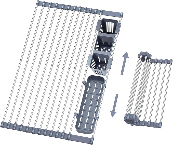 Gabrielline Expandable Roll Up Dish Drying Rack for Kitchen Sink, 21.6” x 12.7” Stainless Steel Over Sink Drying Mat with Utensil Holder & Drip Tray, Space Saving Heavy Duty Kitchen Rack Set by Unknown