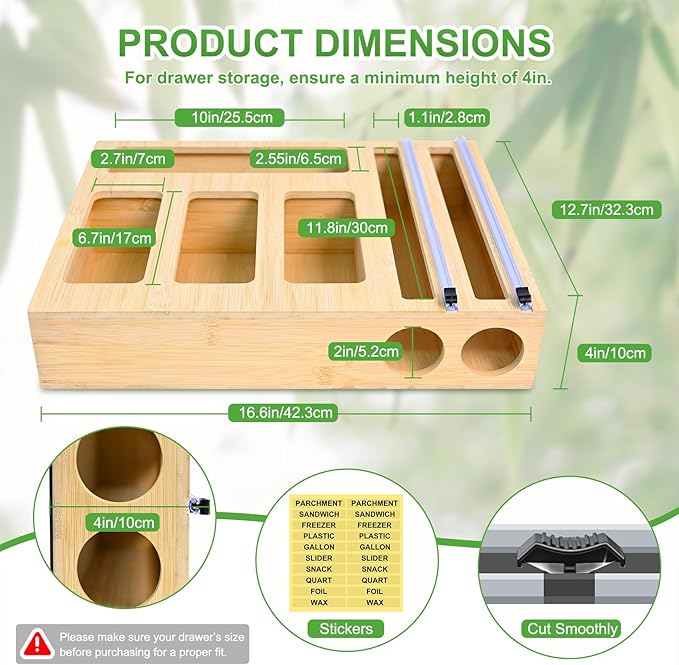 MSJGA Magnetic Food Bag Storage Organizer for Drawer or Refrigerator | Ziplock Bag Organizer, Compatible with Gallon,Quart, Sandwich, Snack & Variety Size Bags, Bamboo, 12.7"W x 16.6"H x 4"D - Image 3