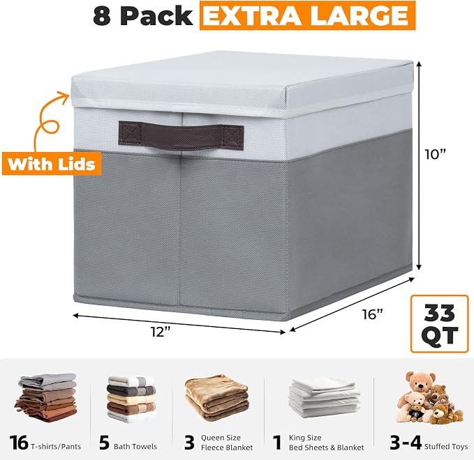 Extra Large Storage Baskets with Lids 8 Pack, 33 QT Blanket Basket for Organizing/ Stackable Decorative Closet Organizers and Storage Box for Clothes Towels/ Toy Organizers Bins with Handles/ 16x12 - Image 2