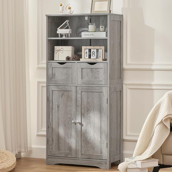 Iwell Storage Cabinet with 2 Drawers & Adjustable Shelf, Tall Bathroom Cabinet with Doors, Cupboard, Kitchen Cabinets for Living Room, Dining Room, Entryway, Grey - Image 5