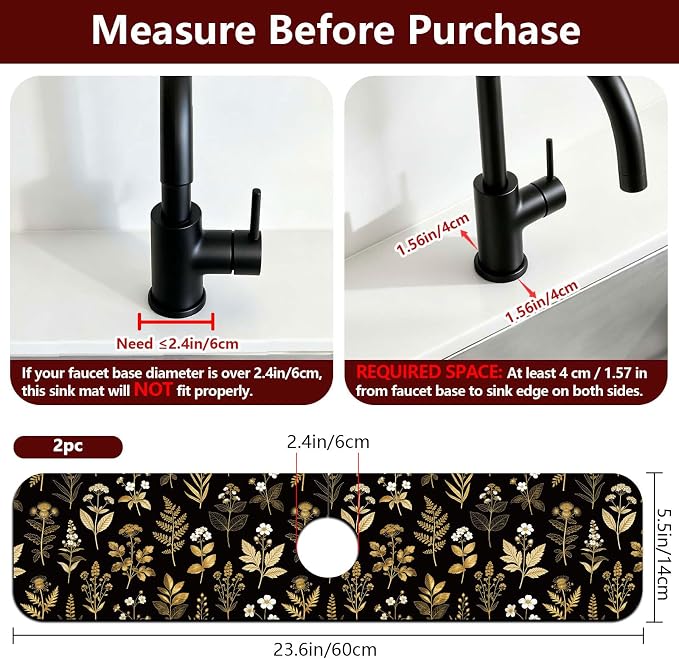 2 Pcs Kitchen Sink Splash Guard Faucet Mat Vintage Gold Leaves Faucet Mat for Sinks Flowers Pattern Absorbing Drying Mats for Kitchen Bathroom, 23.6x5.5inch - Image 2