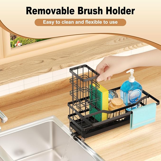 Sponge Holder for Kitchen Sink, Self-draining Sink Organizer with Towel Rack and Brush Holder, Metal Kitchen Sink Organizer for Countertop, Black - Image 6