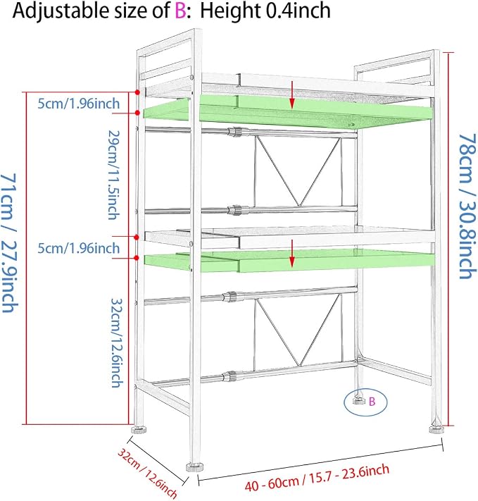 PUSDON 3-Tier Expandable Microwave Oven Rack, Countertop Baker's Rack Style Shelf, Heavy Duty Adjustable Standing Shelf with Hooks, 160lbs Capacity Kitchen Space Saver, Matte Black - Image 5