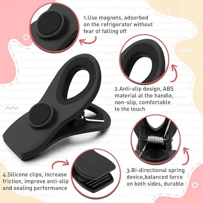 24 Pack Chip Clips, Magnetic Chip Bag Clips for Kitchen, Black | Food Bag Clips with Airtight Seal Grip for Kitchen Food, Snack Storage, Fridge, Refrigerator and Garden Use, Easy Open Grip - Image 2