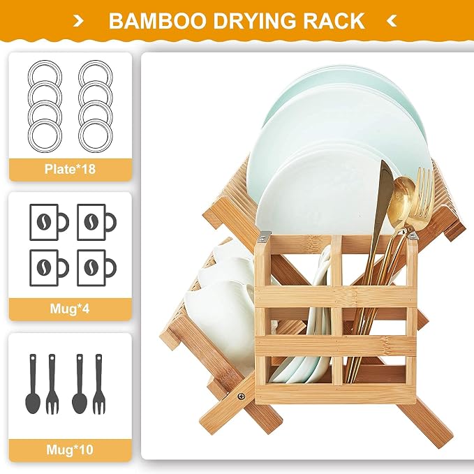 Bamboo Dish Drying Rack, 2 Tier Collapsible Dish Rack with Utensil Holder, Wooden Dish Drying Rack for Kitchen Counter, Large Folding Drying Holder, Dish Drainer 34 pcs Grid | Wooden Dish Drying Rack with Utensil Holder for Kitchen Counter, Large Foldi... - Image 8