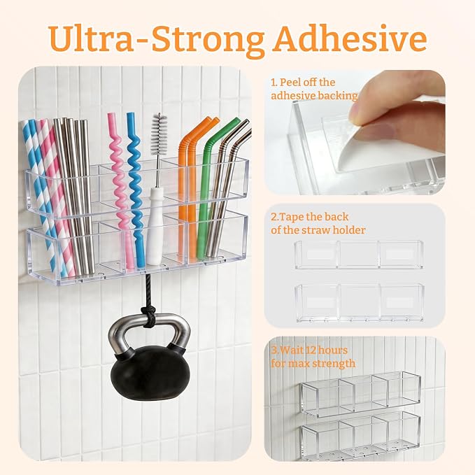 Small Acrylic Straw Holder for Cabinet Door, Adjustable Two-Part | 2 Pack Reusable Straws Organizer with Ultra Sticky Adhesive Strips, 2026 Straw Storage for Kitchen Cupboard - Image 7