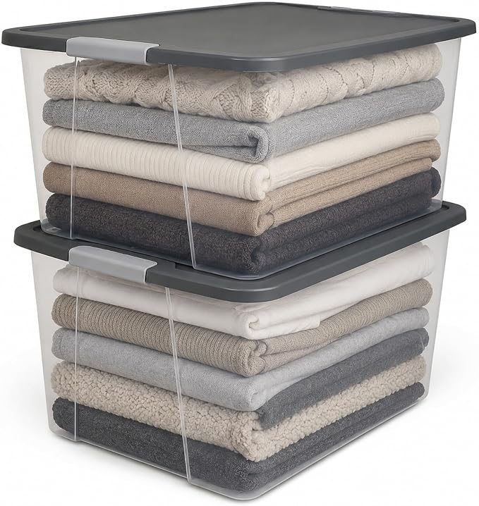 HOMZ 4-Pack Secure Latch, Clear Plastic Storage Organizer Bins, 64 Quart, Gray Lid - Stackable Container Boxes for Bedroom, Bathroom, Garage, and Office Organization - Image 2