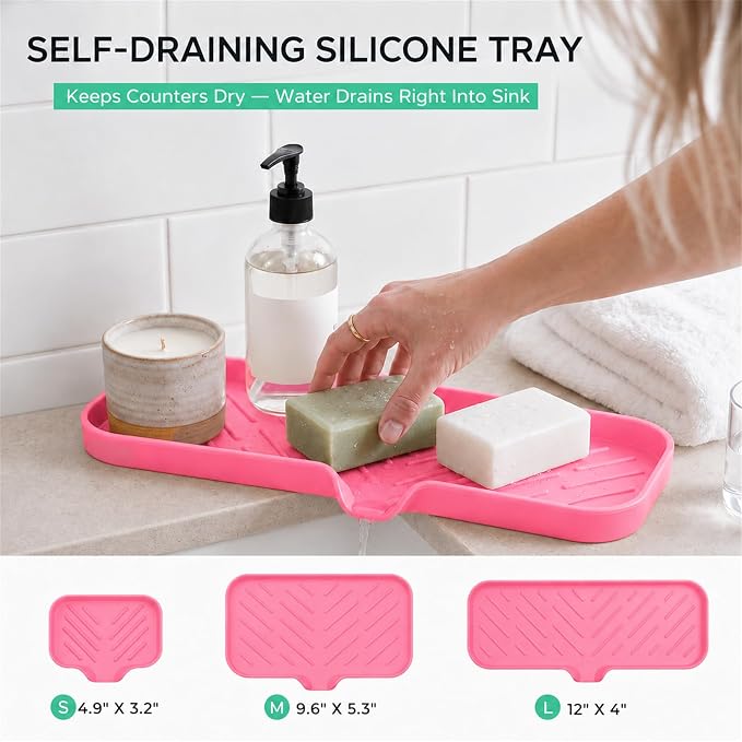 MicoYang Silicone Soap Dish with Drain Spout — Self-Draining Double Sink Organizer Tray for Kitchen & Bathroom, Dispensers, Sponges & Soap Holder, Non-Slip & Dishwasher Safe, Rose (Large, 12"×4") - Image 8