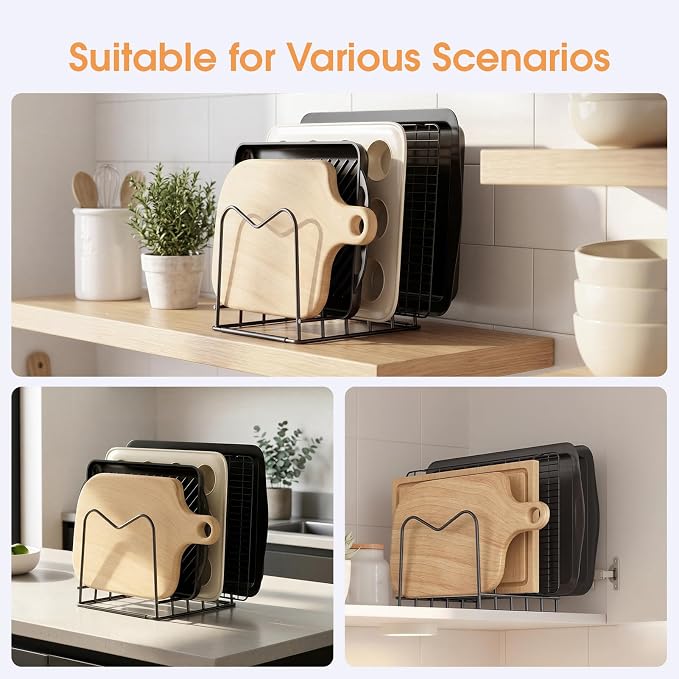 5mm Wire Cutting Board Organizer Holder Stand for Cabinet Countertop | Full silicone strip, no slipping or scratches, 1.2" slot spacing, Holds cutting boards, sheet pans, skillets inside Cabinet - Image 6