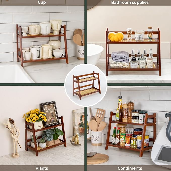ANBOXIT Matcha Station Organizer, Countertop Bamboo Coffee & Tea Station | Rattan-Look 2 Tier Mug Holder Display Stand for Kitchen Condiment, Coffee Accessories, Home, Office - Brown - Image 7