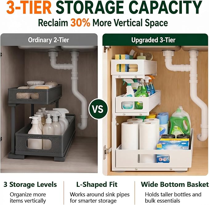3 Tier Under Sink Organizer,1 Pack Pull Out Cabinet Shelves with Adjustable Height,Heavy Duty Carbon Steel L-Shaped Storage for Kitchen Bathroom Sink,Pantry & Laundry,White - Image 5