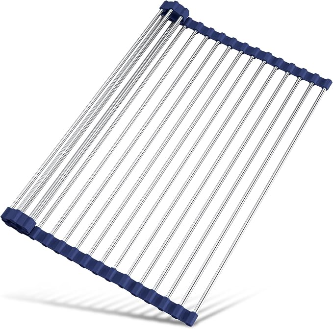 Tomorotec Roll Up Dish Drying Rack Over Sink, 304 Steel, 17.7x15.5, Indigo | Anti-Slip Silicone Rims For Grip, Heat-Resistant Trivet Mat Holding Heavy Cookware, Rustproof Kitchen Counter Space Saver by Tomorotec