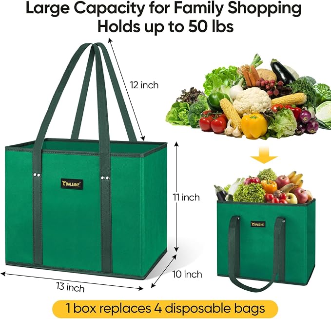 BALEINE 3PK Reusable Grocery Bags, Heavy Duty Shopping Tote Bag | 12'' Long Handles, Reinforced Bottom Keeps Upright, Fold Flat Storage, Water-Resistant Shopping Bag, Multiple Color Options - Image 2