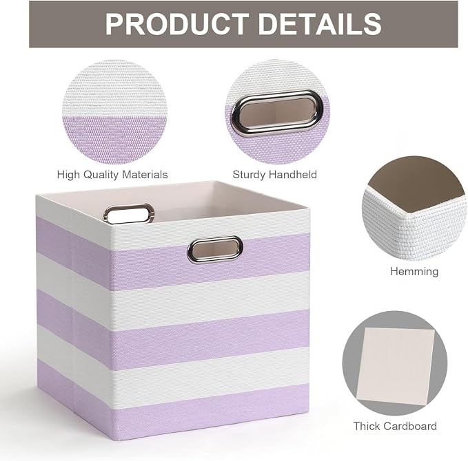 Posprica Storage Bins Storage Cubes,13×13 Collapsible Storage Boxes Containers Organizer Baskets for Nursery,Office,Closet,Shelf - 4pcs,Purple-white Striped - Image 3