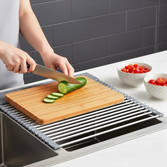 Roll Up Dish Drying Rack Over Sink, 17.5" x 15.2" Foldable SUS304 Stainless Steel Kitchen Dish Drainer, Heat-Resistant Multipurpose Rolling Sink Rack Organizer,Grey - Image 9