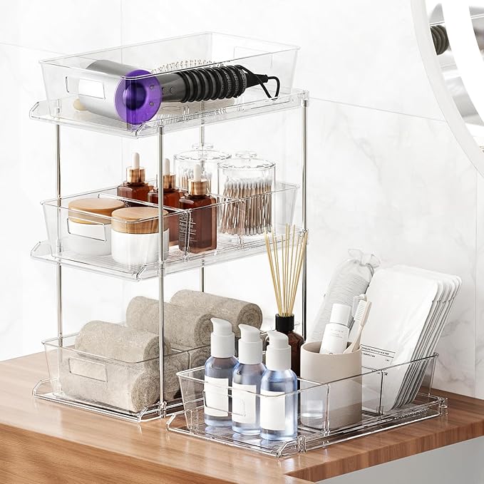 Bathroom Under Sink Organizers and Storage, 2 Tier, 1 Pack | Clear Vanity Countertop Pull-out Cabinet Organizer, Stackable Multi-Purpose Kitchen Pantry Organization with Dividers - Image 5