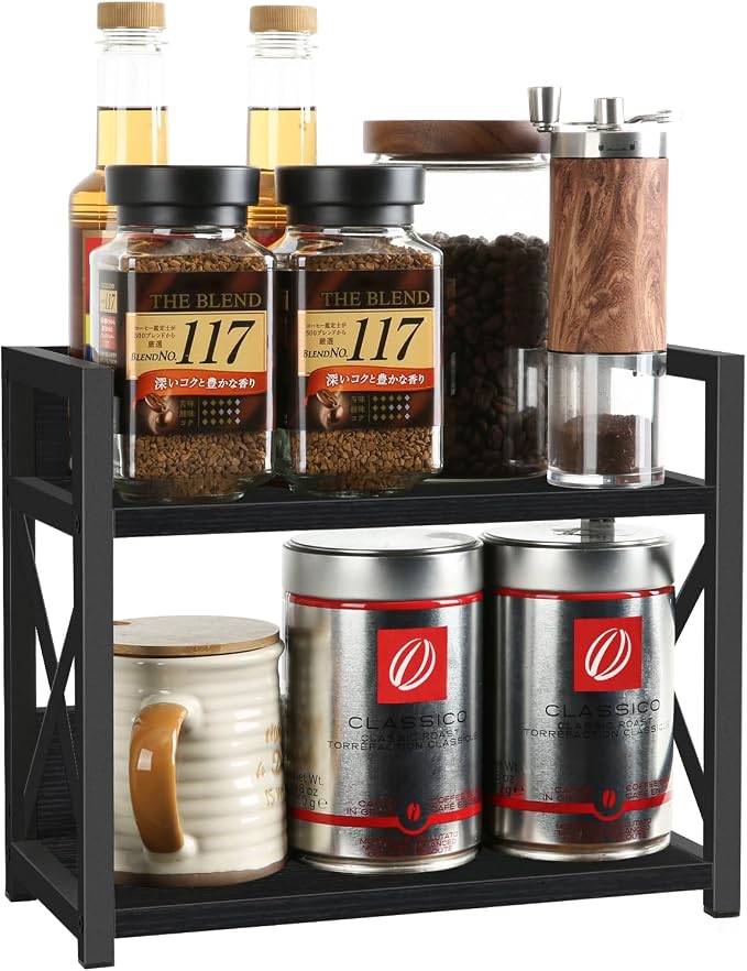 YINMIT Kitchen Countertop Organizer,Spice Rack,Coffee Bar Shelf Organizer | 2-Tier Coffee Station,Seasoning Storage,Syrup,Mug Cup,Bottle Holder,Bathroom Vanity,Pantry,Bedroom and Office,Black, Small - Image 8