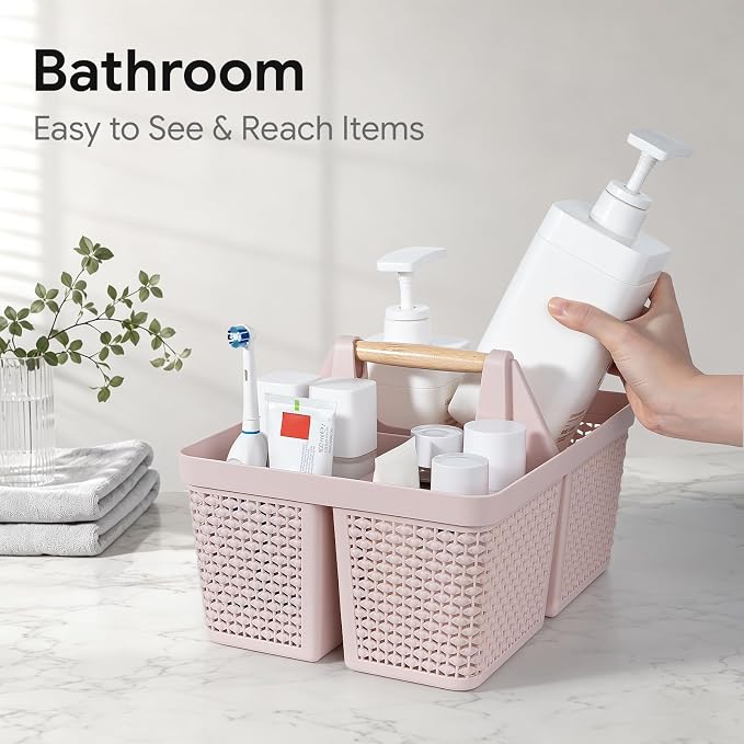UUJOLY Portable Plastic Shower Caddy Basket with Wooden Handle, Pink | Divided Storage Organizer Tote for Bathroom, Dorm, College, Kitchen & RV – Lightweight, Easy-Carry Essentials Caddy - Image 4