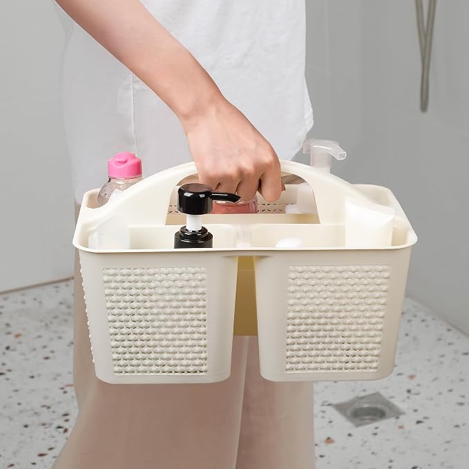Plastic Portable Shower Caddy Basket with Handle, 3 Compartments, Beige | Storage Organizer with Drain Holes, Sturdy and Durable For Bathroom, Kitchen, College Dorm, Sink, Camping - Image 4