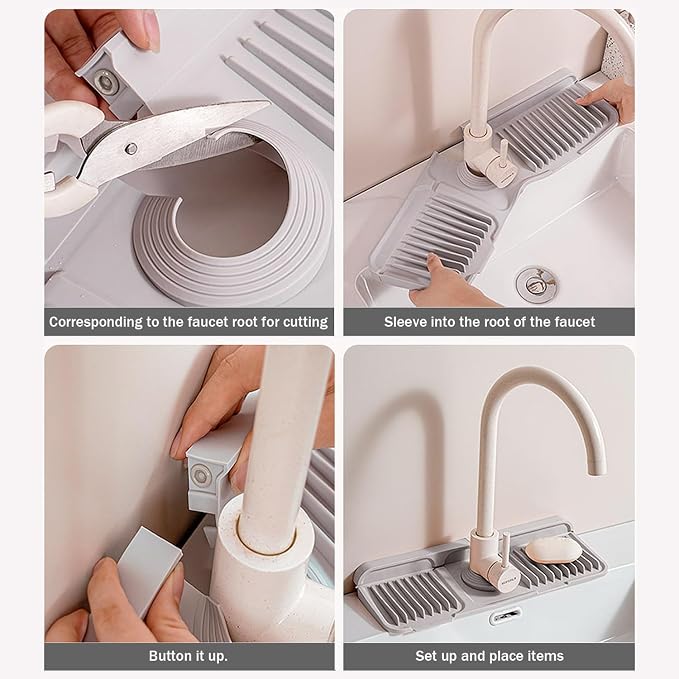 14.5" Silicone Faucet Handle Drip Catcher Tray,7° Sloped Self Draining Mat with Snap-on Design & Soap Holder, Sink Splash Guard for Kitchen & Bathroom, Trim-to-Fit Opening - Image 2