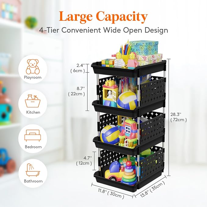 Lifewit 4 Tier Plastic Stackable Storage Baskets for Clothes 1 Pack, Black | Stacking Bins for Food, Multifunctional Organizer for RV, Kitchen, Playroom, Pantry and Bathroom - Image 3