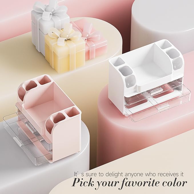 Delamu Large Makeup Organizer Countertop with 6 Brush Holders, Pink | Vanity Organizer with 2 Drawers, Gift for Women & Girls, Holds Perfume, Skincare, Lipstick, Nail Polish & Hair Accessories - Image 9