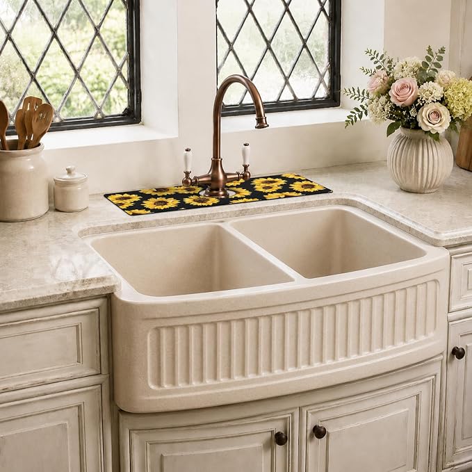 Vintage Black Sunflowers Kitchen Sink Splash Guard Faucet Mat,Faucet Non-Slip Absorbent Mat,Farmhouse Sink Splash Guard Behind Faucet for Kitchen Bathroom, 15"x5.5" - Image 7