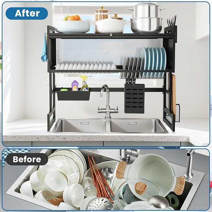 Over the Sink Dish Drying Rack – 3 Tier with Cover, Space-Saving Dish Drainer Organizer for Dishes, Glasses, Bowls & Cutlery, Tidy Kitchen Counter Storage Solution - Image 5