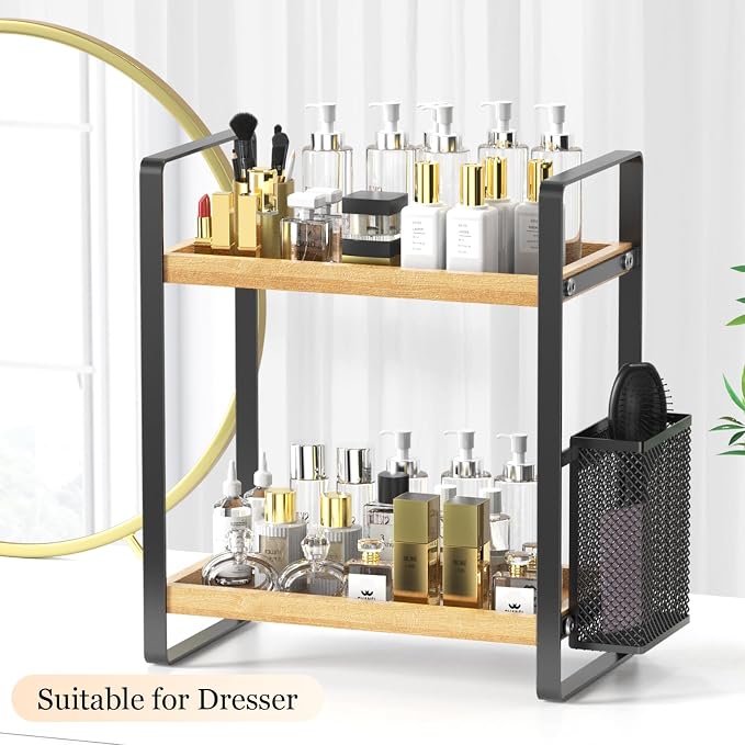 2-Tier Wood Bathroom Counter Organizer with Basket,Waterproof Vanity Perfume Skincare Storage for Bathroom, Kitchen, Dresser - Image 8